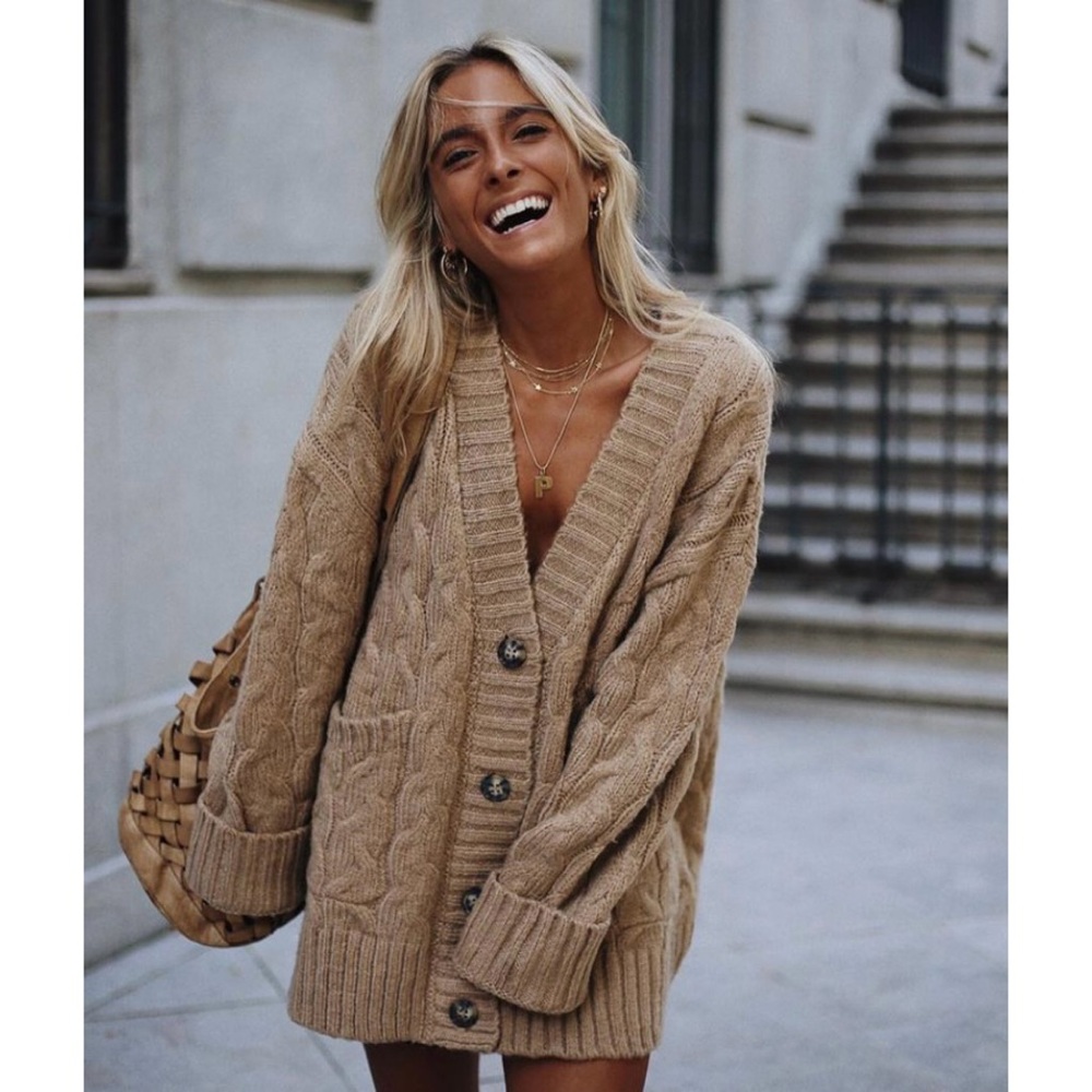 Zara oversized chunky cable knit cardigan tan